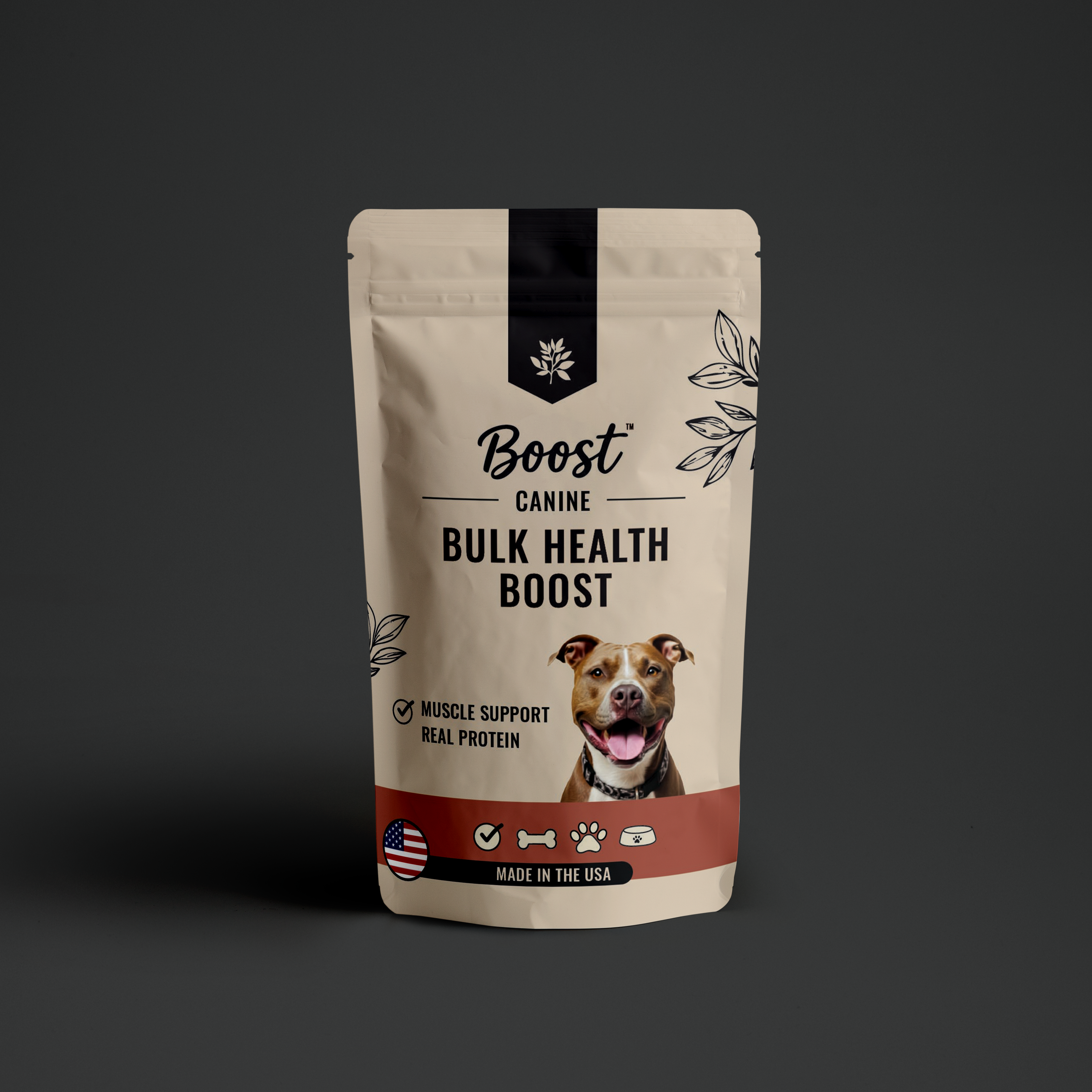 Dog food package labeled 'Boost Canine Bulk Health Boost' on a dark background