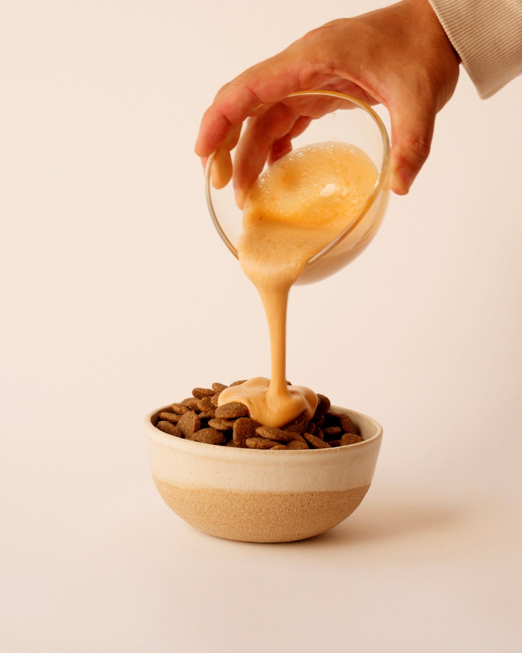 Hand pouring a creamy liquid into a bowl of dog food on a light background