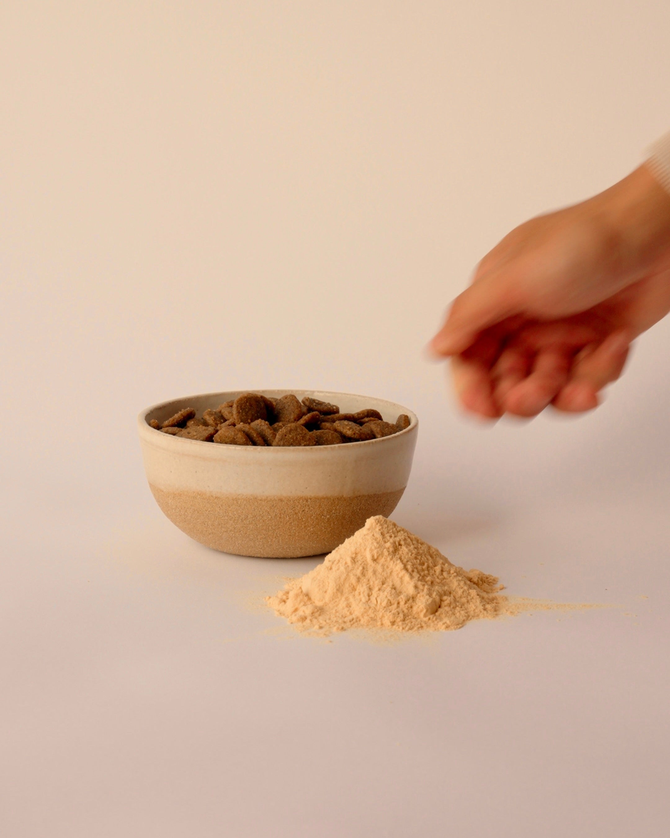 Hand reaching towards a bowl of dog food on a beige background